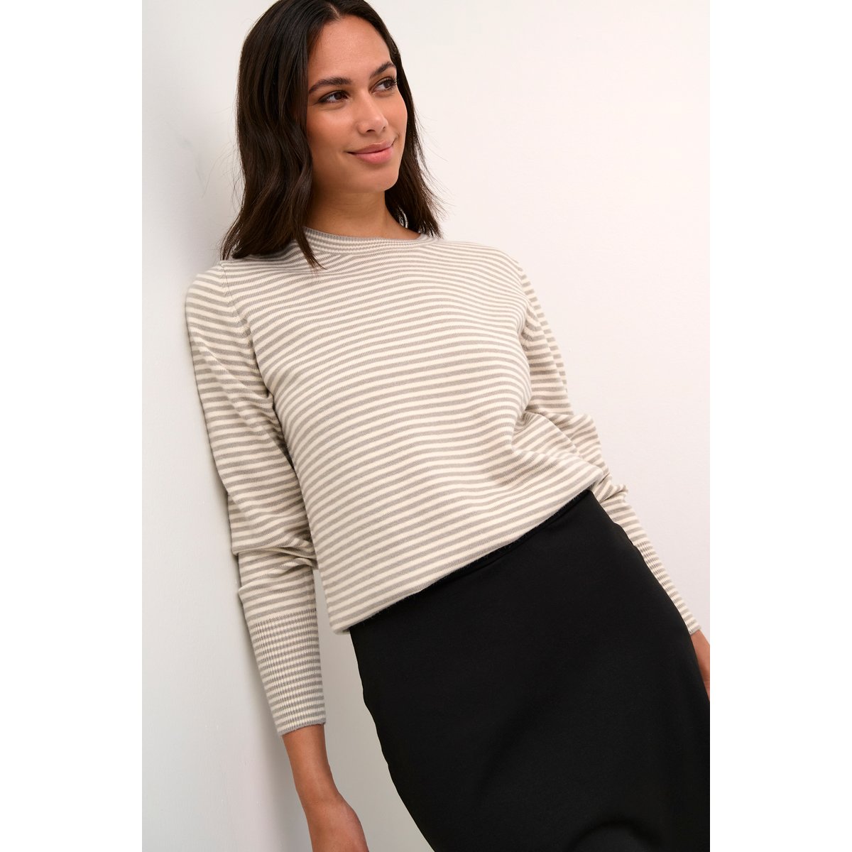 Knitted pullover blanc/gris rayures chalk/grey melange stripe, KAFFE