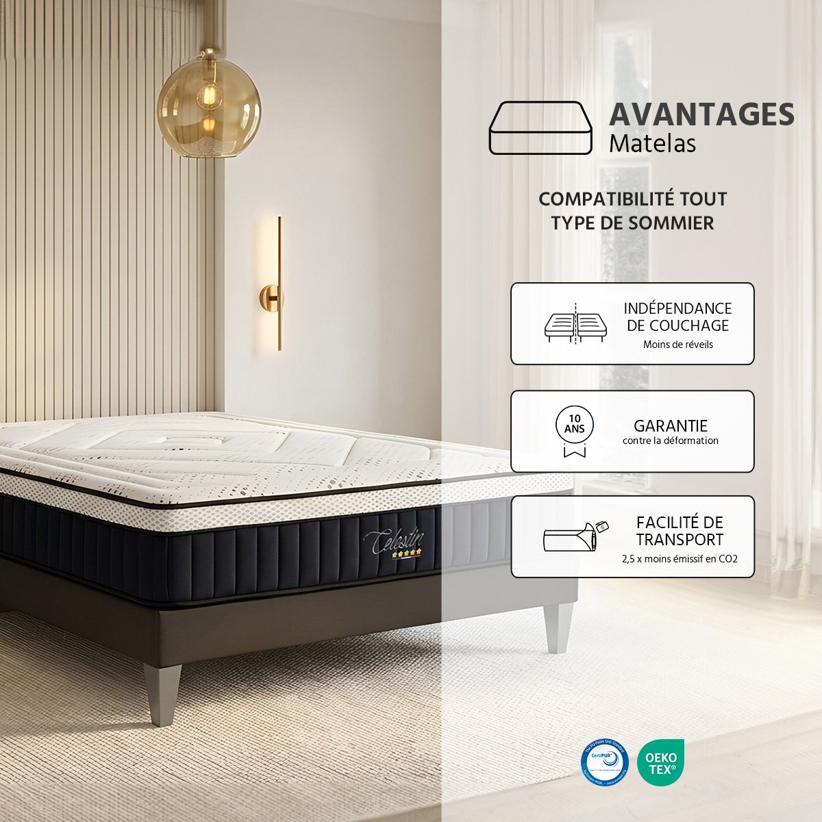 Matelas Célestin 2.0 - Mémoire de forme - Accueil moelleux - 29 cm d'épaisseur blanc, BELLECOUR