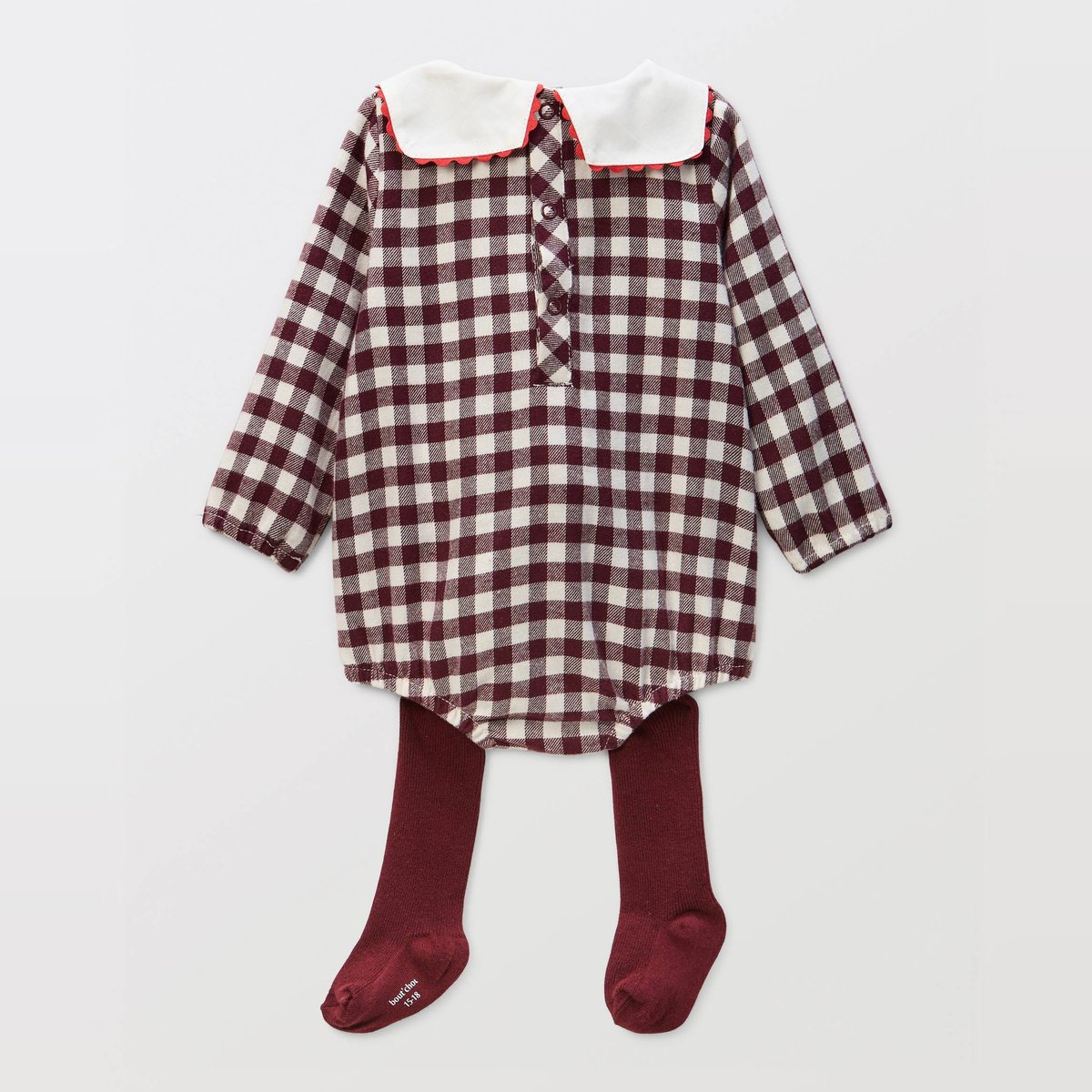 Barboteuse en vichy avec collants canneberge, BOUT'CHOU