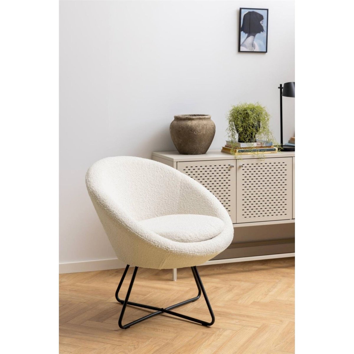 Fauteuil coquille en velours piètement croisé beige chiné, RECOLLECTION