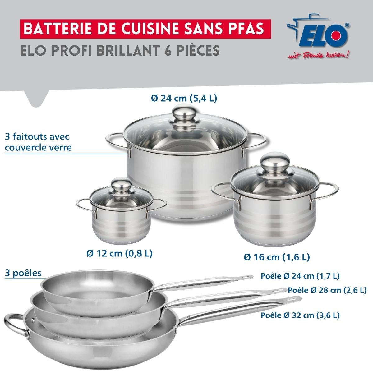 3 poêles 24/28/32cm + 3 faitouts 12/16/24cm PROFI BRILLANT gris, ELO