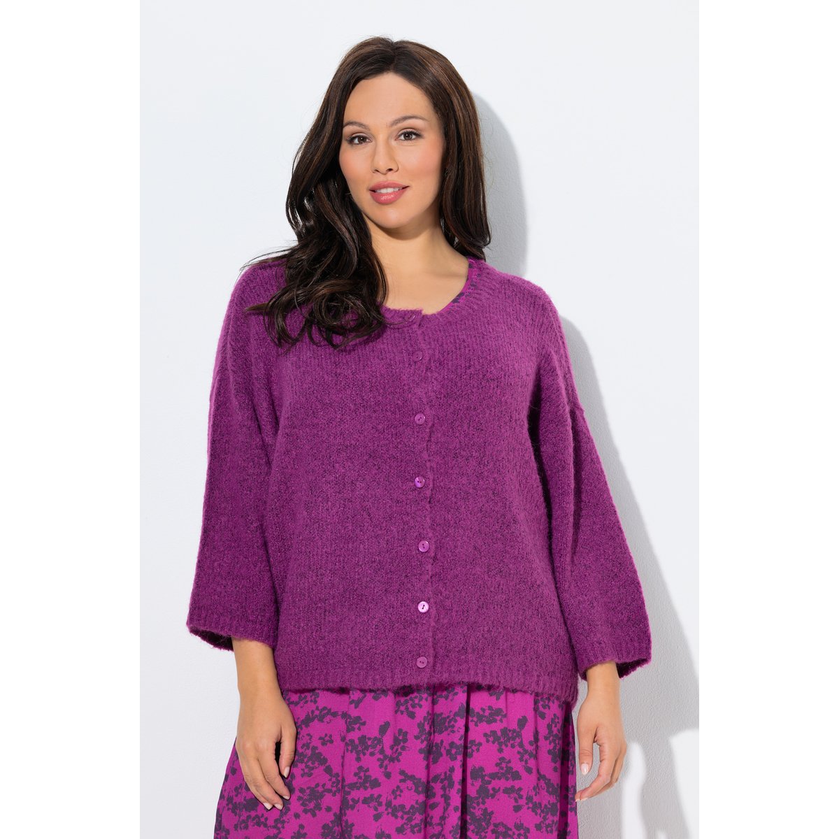 Cardigan oversize, col rond et manches 3/4 crocus violet, ULLA POPKEN
