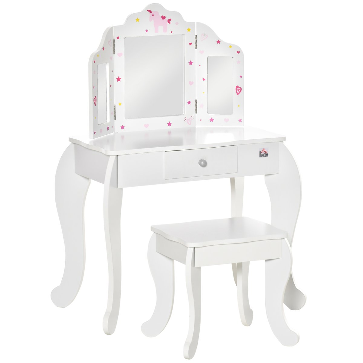 Ensemble de coiffeuse pour enfants MDF Blanc blanc avec motifs étoiles et cœurs roses, HOMCOM