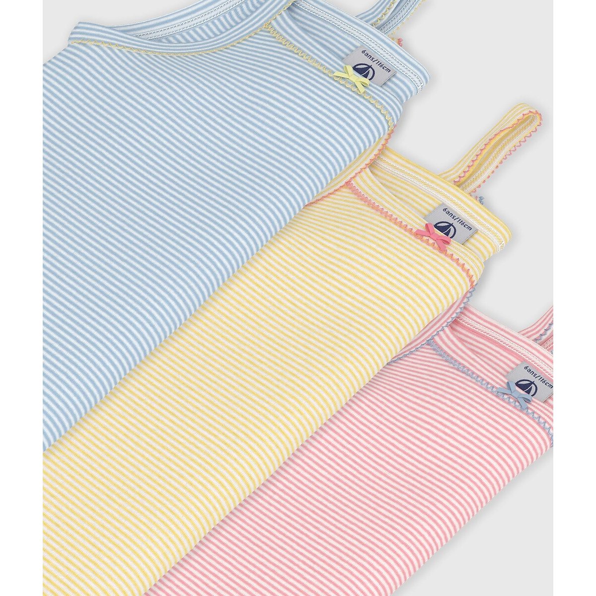 Lot 3 de débardeurs enfant en coton à rayures bleu + rose + jaune, PETIT BATEAU