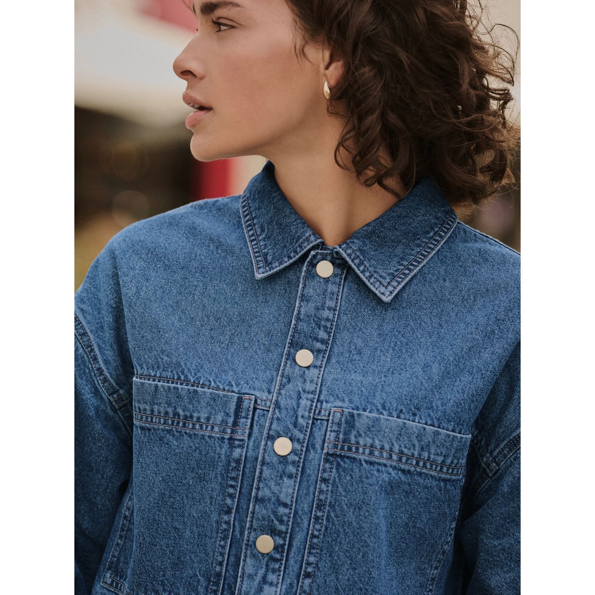 Robe en denim à manches longues militaire bleu moyen, NEXT