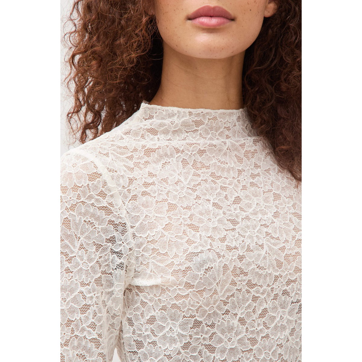 T-shirt ajusté dentelle manches longues ecru, BONOBO