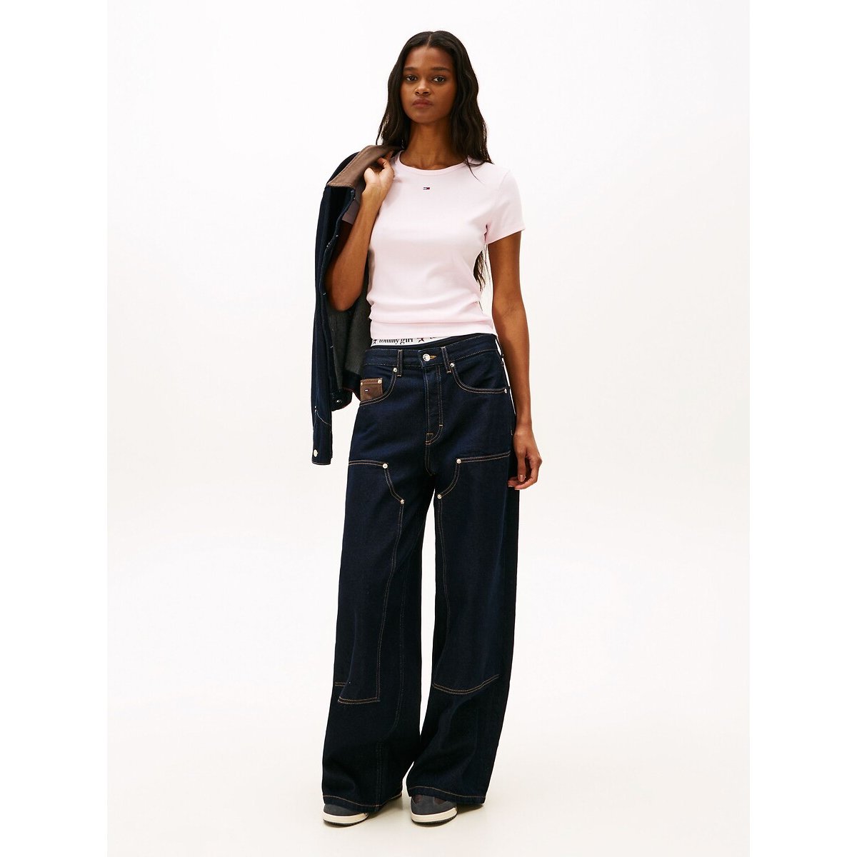 T-shirt rayé, col rond, manches courtes rose clair, TOMMY JEANS