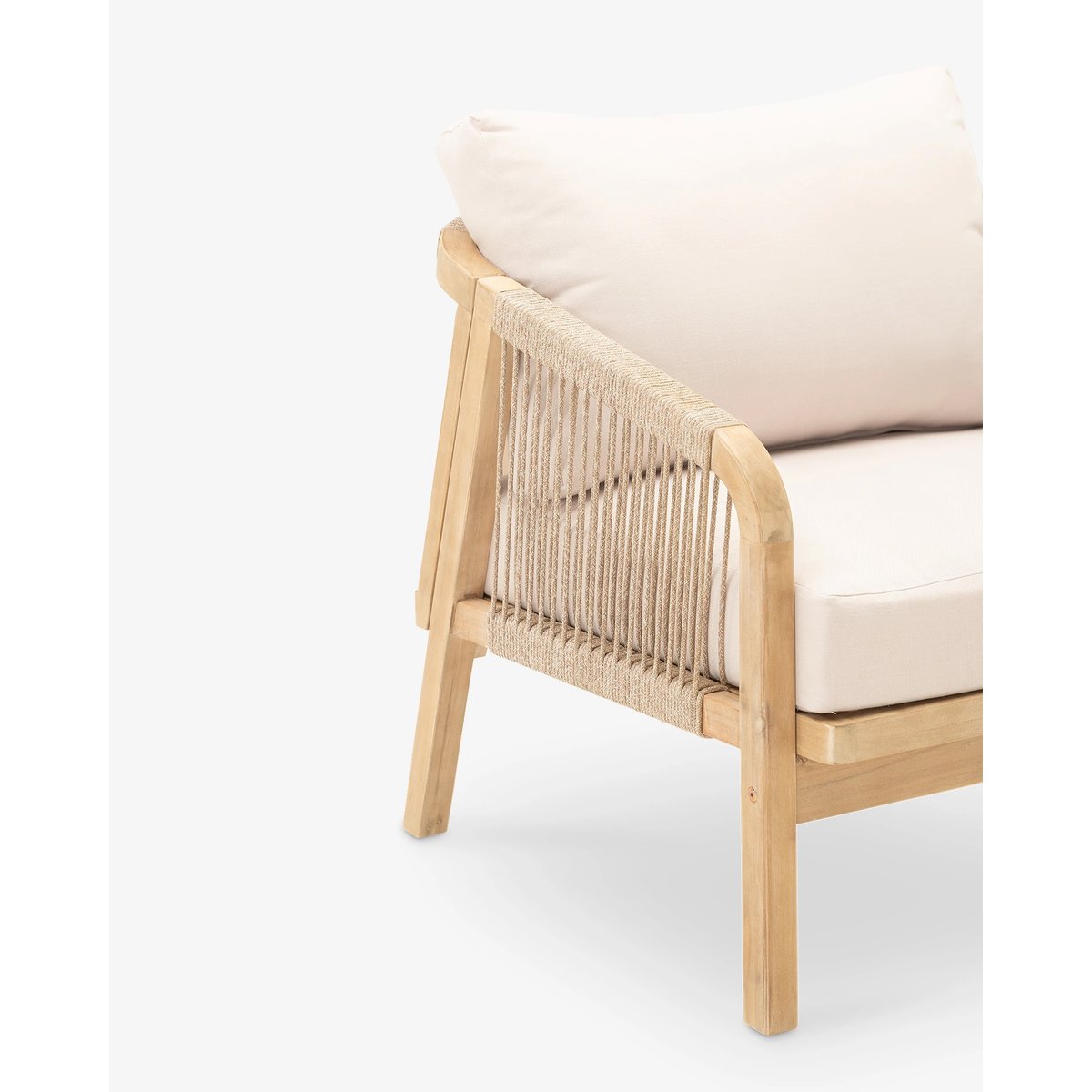 Salon de jardin 4 places, SIENA & BISBAL structure en bois couleur clair, corde beige-marron, coussin beige, céramique beige, DEFORA HOME