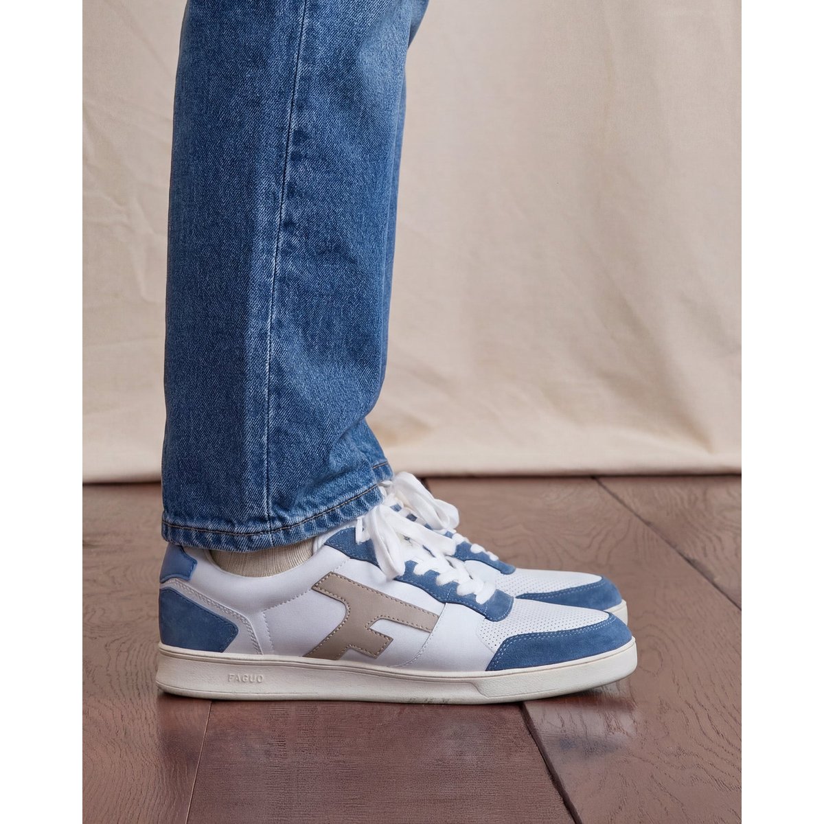 Baskets basses cuir suede HAZEL blanc et bleu, FAGUO
