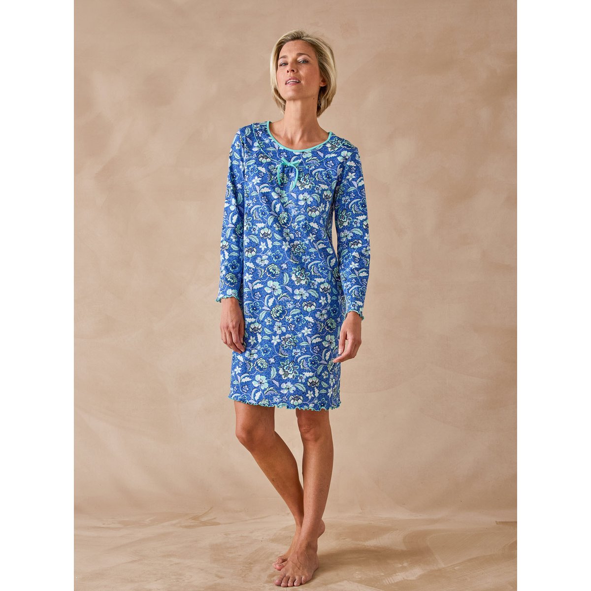 Chemise de nuit maille pur coton imprimé bleu, DAXON