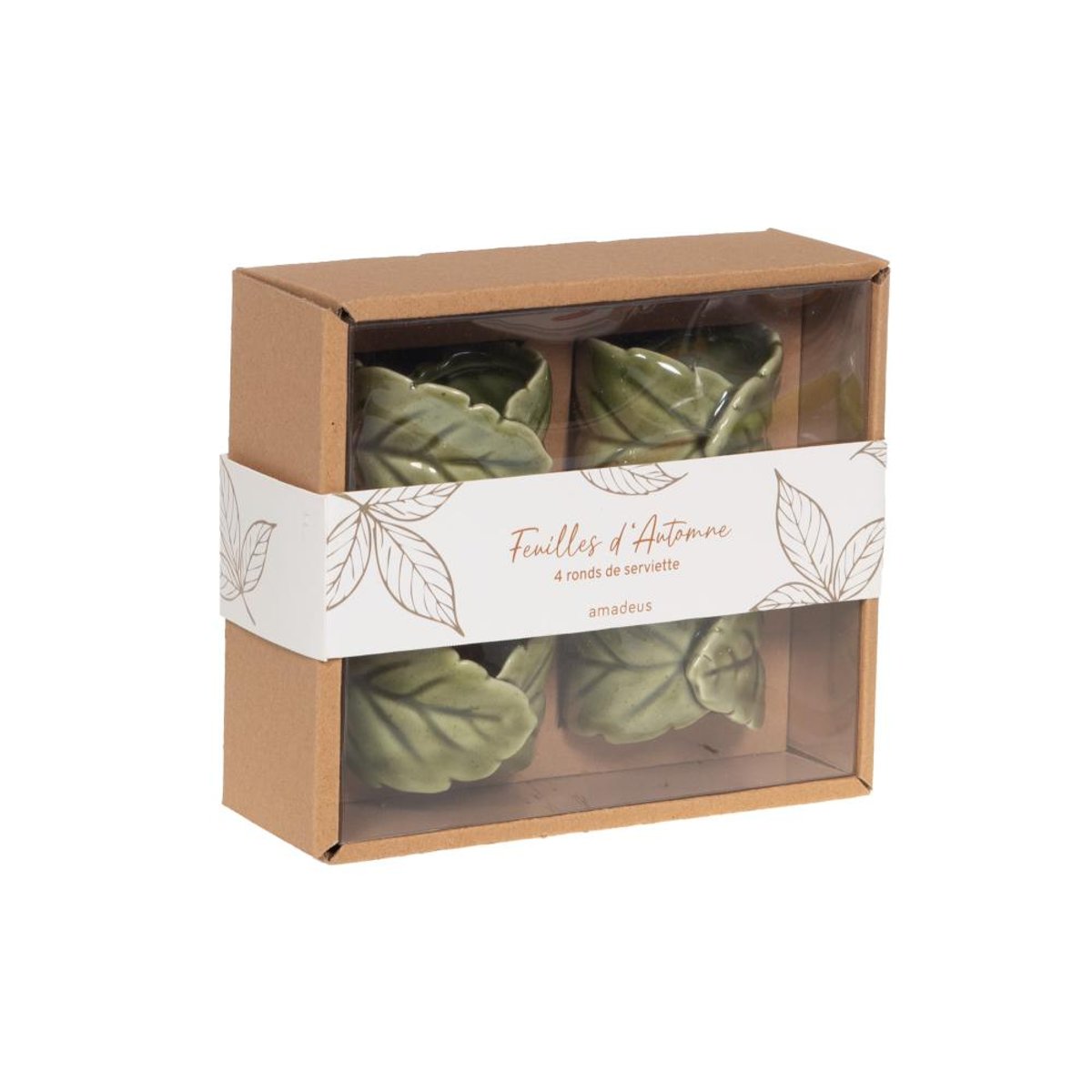 Coffret de 4 ronds de serviettes feuille  en céramique vert, AMADEUS