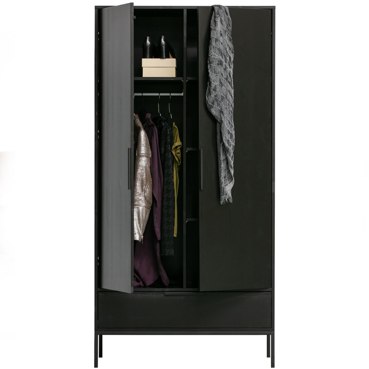 Armoire 2 portes et 1 tiroir en pin ADAM noir, WOOOD