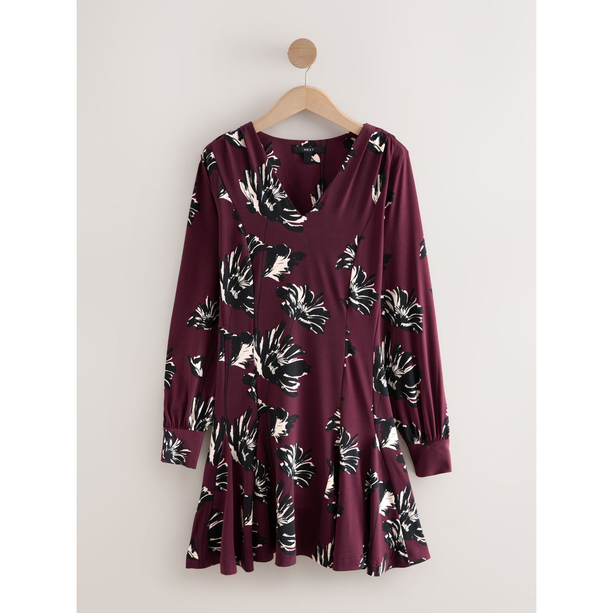 Mini robe trapèze à manches longues imprimé floral rouge bordeaux, NEXT
