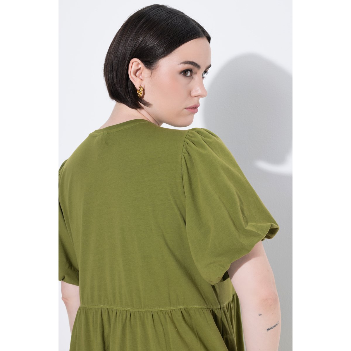 Robe longue, coupe A, col rond olive, ULLA POPKEN