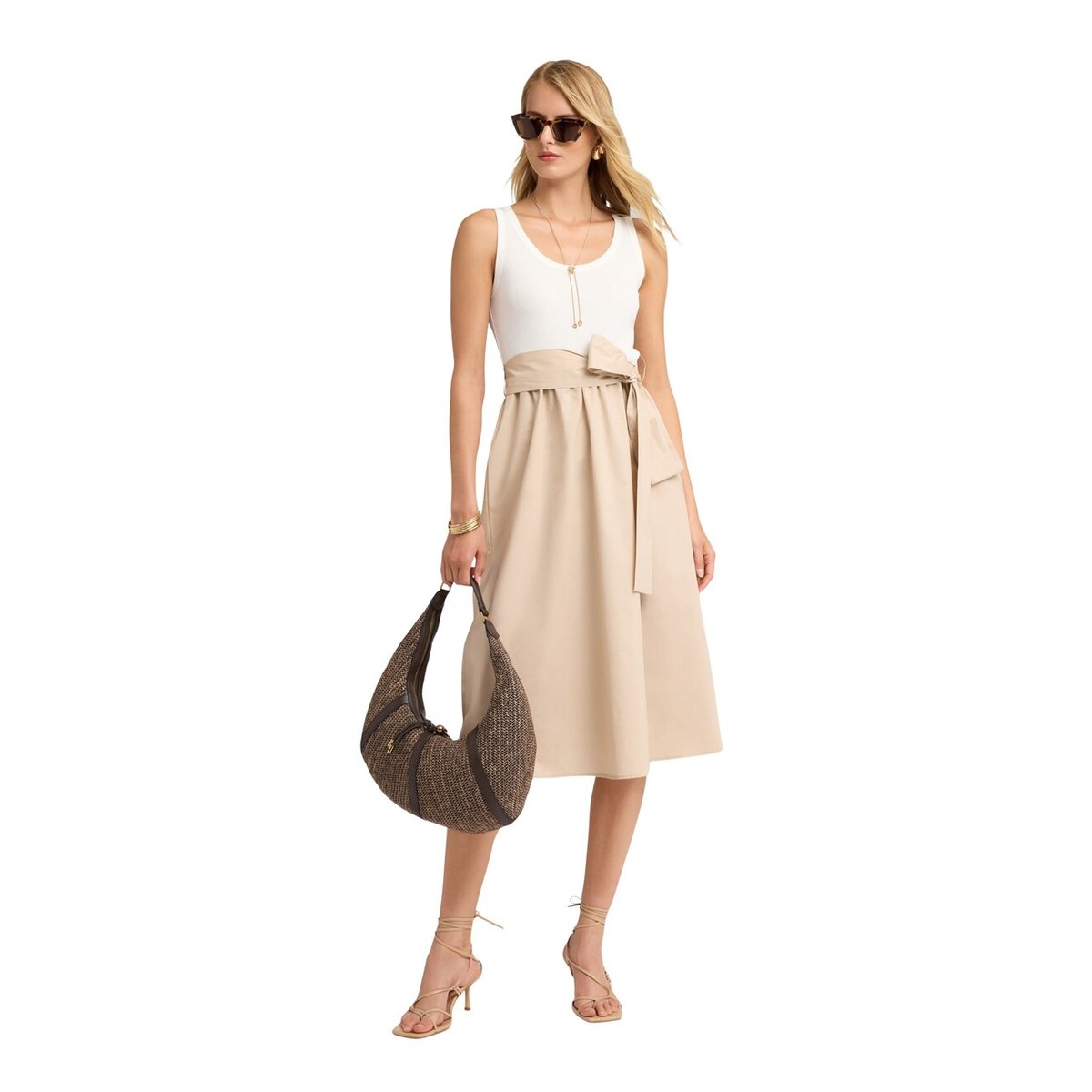 Robe évasée avec nœud à la taille beige, MOTIVI
