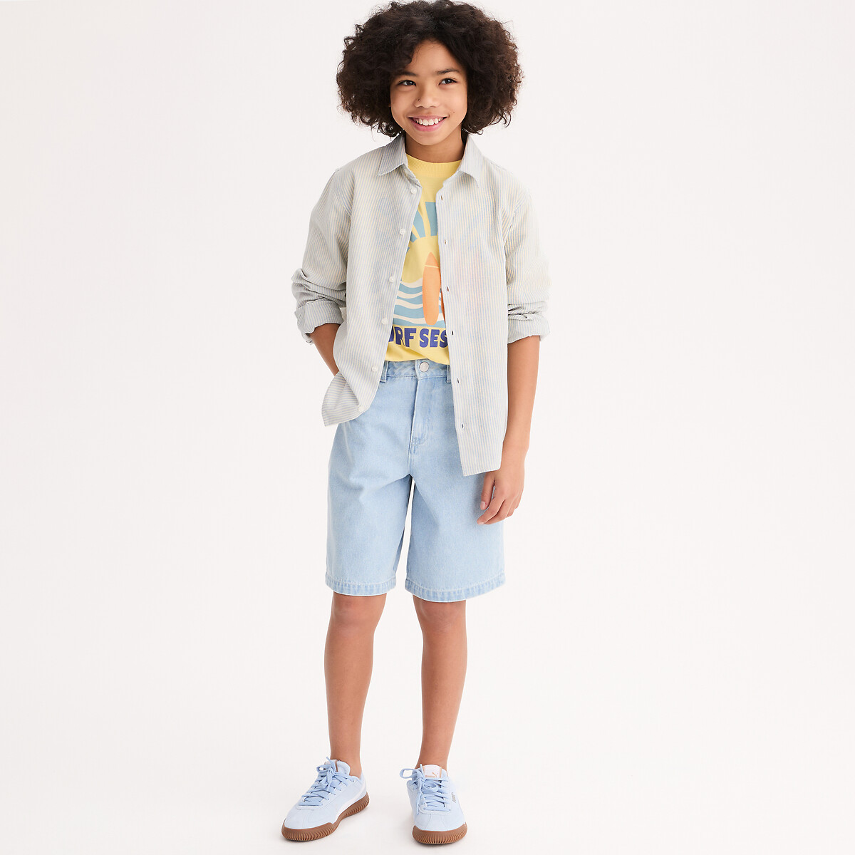 Chemise rayée, à manches longues, en coton et lin rayé bleu, LA REDOUTE COLLECTIONS