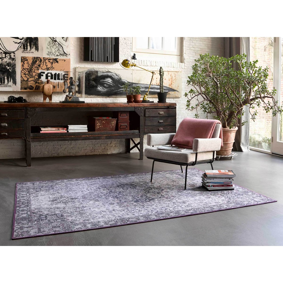 Tapis plat motif vintage ,  SYNCHRONIZE lilas/gris, WECON HOME