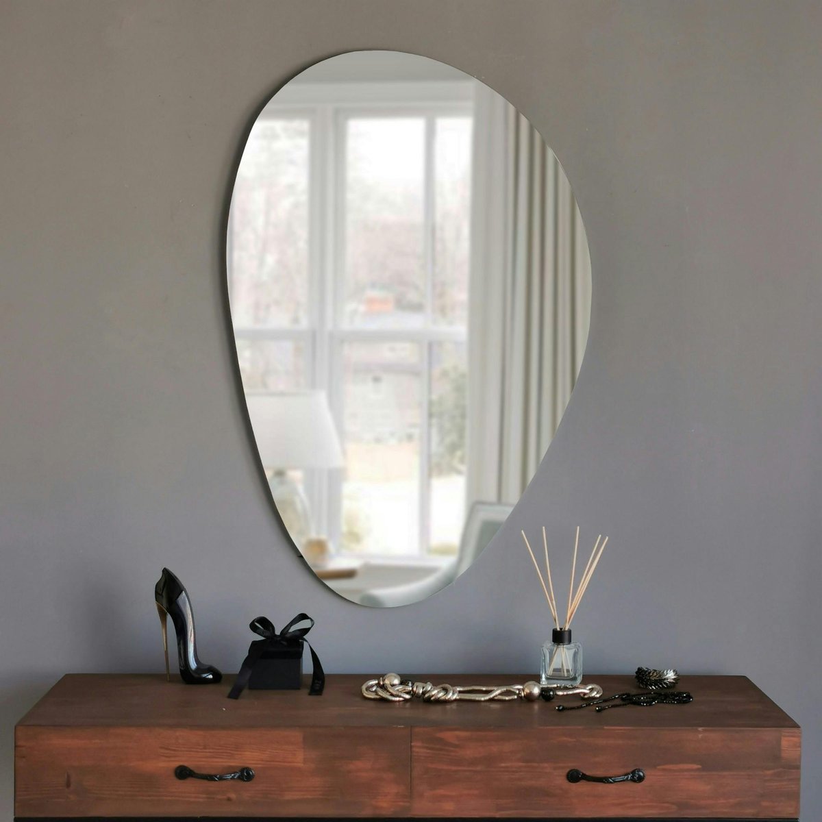 Miroir mural organique forme galet 76 cm - style design CODY argenté, PIER IMPORT
