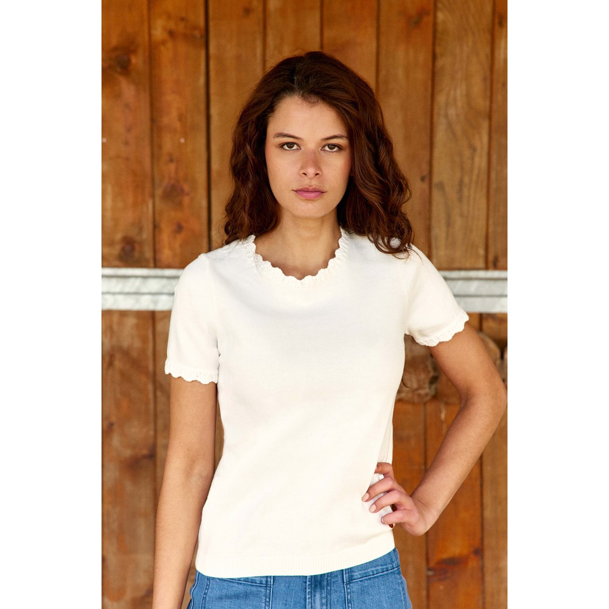 T-shirt manches courtes col rond uni MELINDA 11-ecru, LA PETITE ETOILE