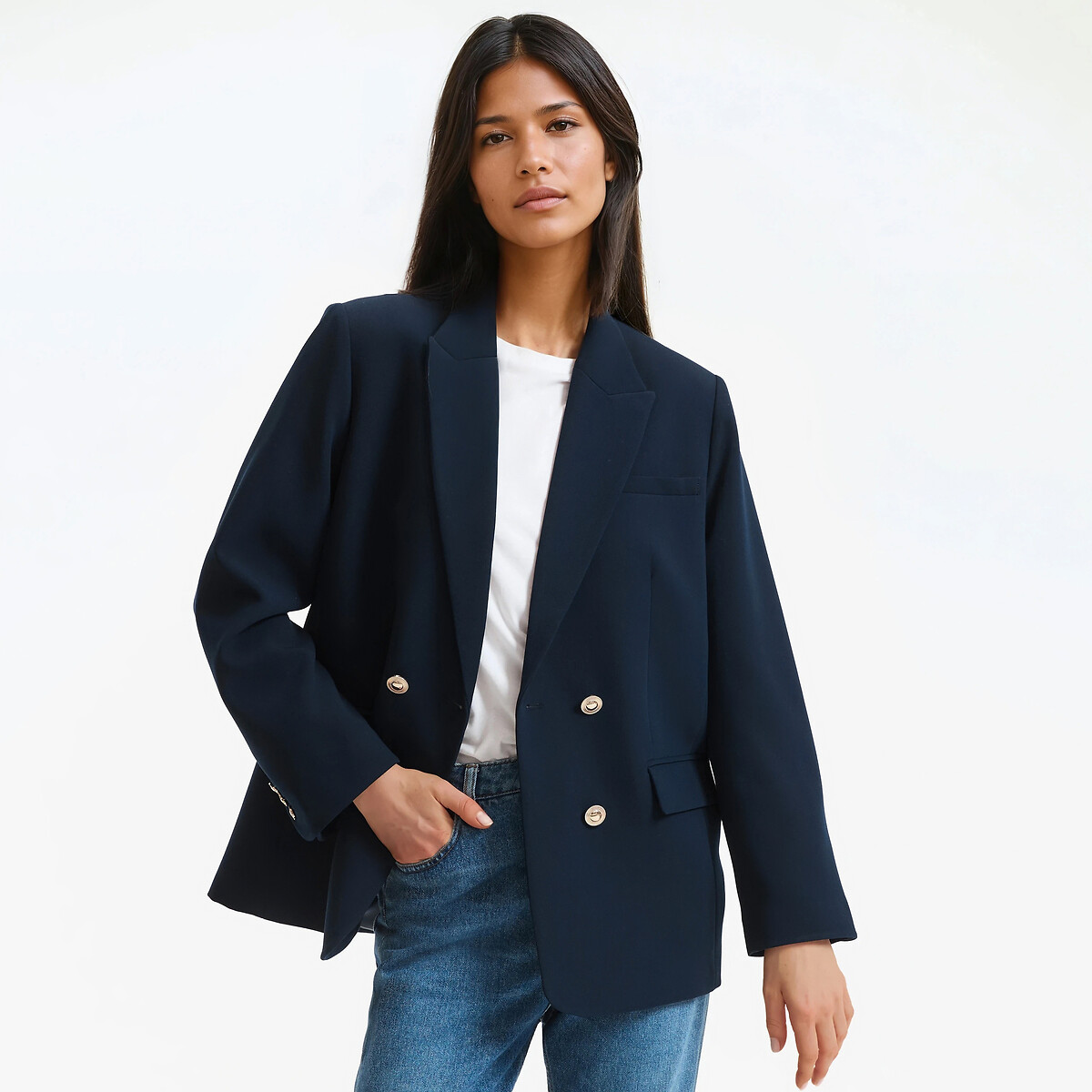 Blazer long croisé coupe droite  bleu marine, LA REDOUTE COLLECTIONS