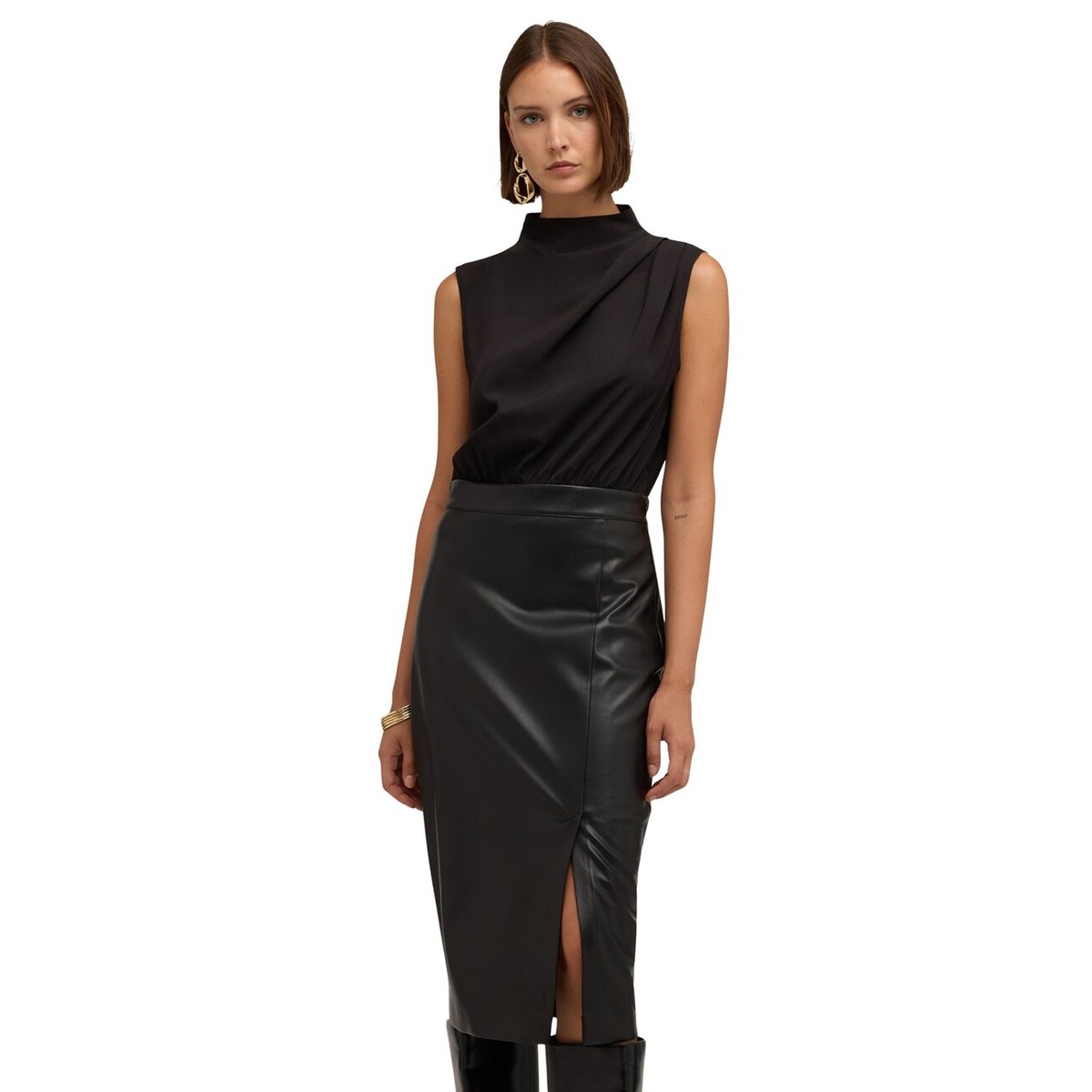Robe fourreau avec drapé et fente noir, MOTIVI