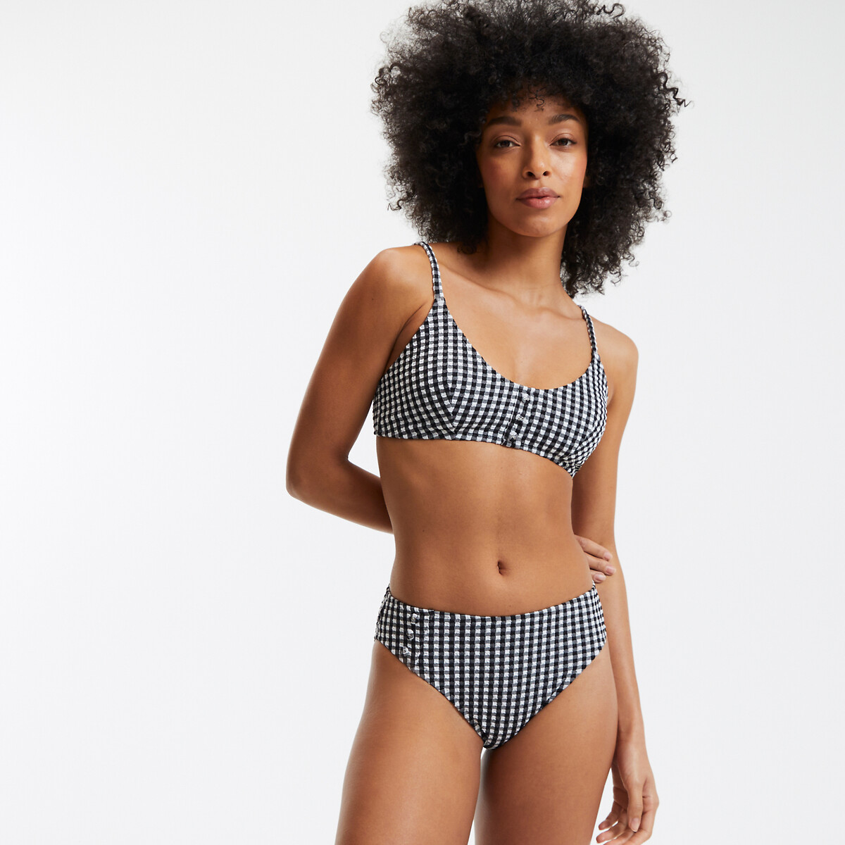 Gingham Print Bikini Bottoms with High Waist black gingham check/white, LA REDOUTE COLLECTIONS