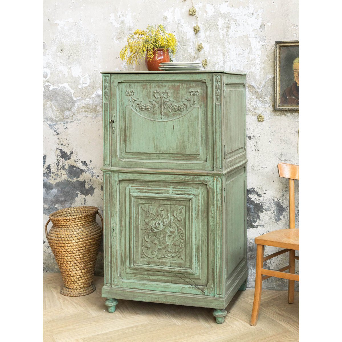 Armoire en bois Blandine N°441 - Bon état vert, DEBONGOUT