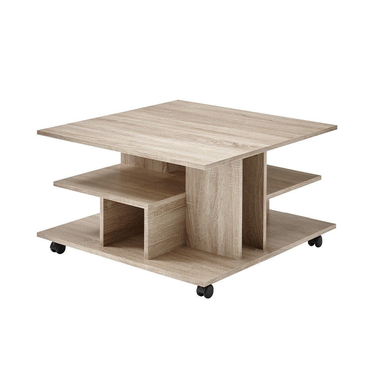 Table Basse sur Roulettes avec Niches de Rangement - 76 x 76 x H44 cm bois clair, CALICOSY