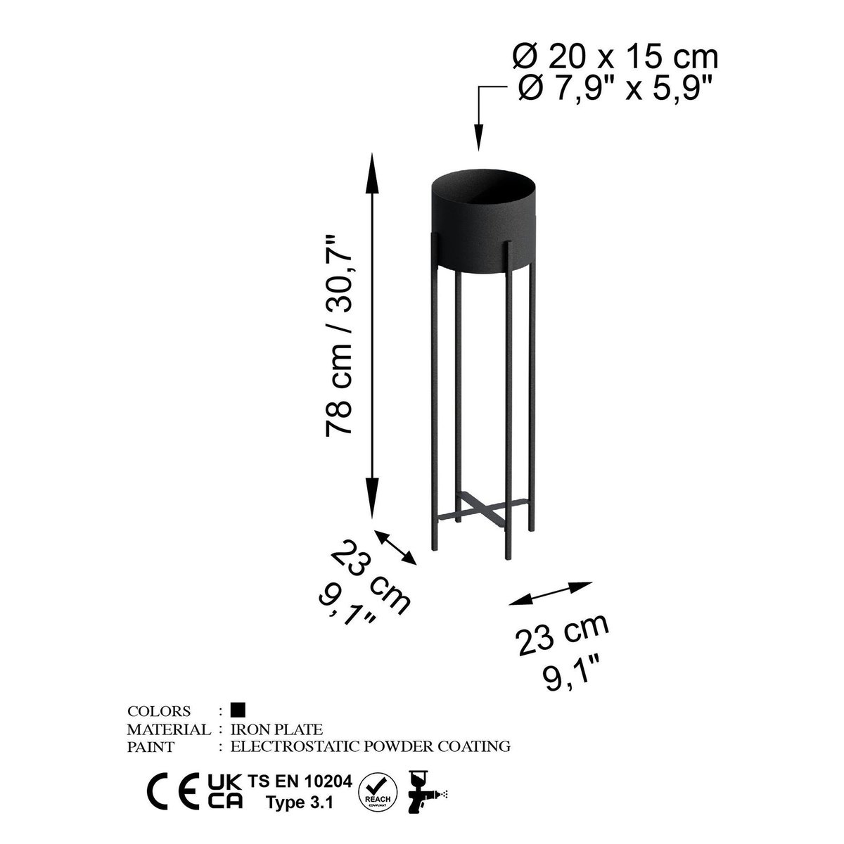 Cache-pot sur pied en métal noir – style moderne, 78 cm noir, PIER IMPORT