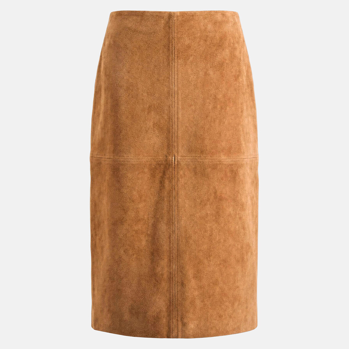 Jupe midi crayon en cuir de chèvre velours marron camel, LA REDOUTE COLLECTIONS