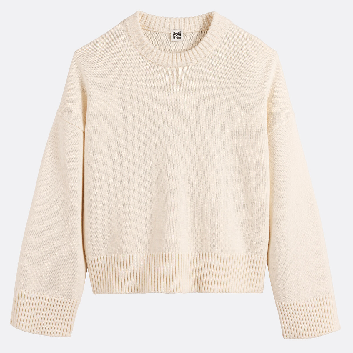 Pull col rond, en laine et coton mélangés beige, LA REDOUTE COLLECTIONS