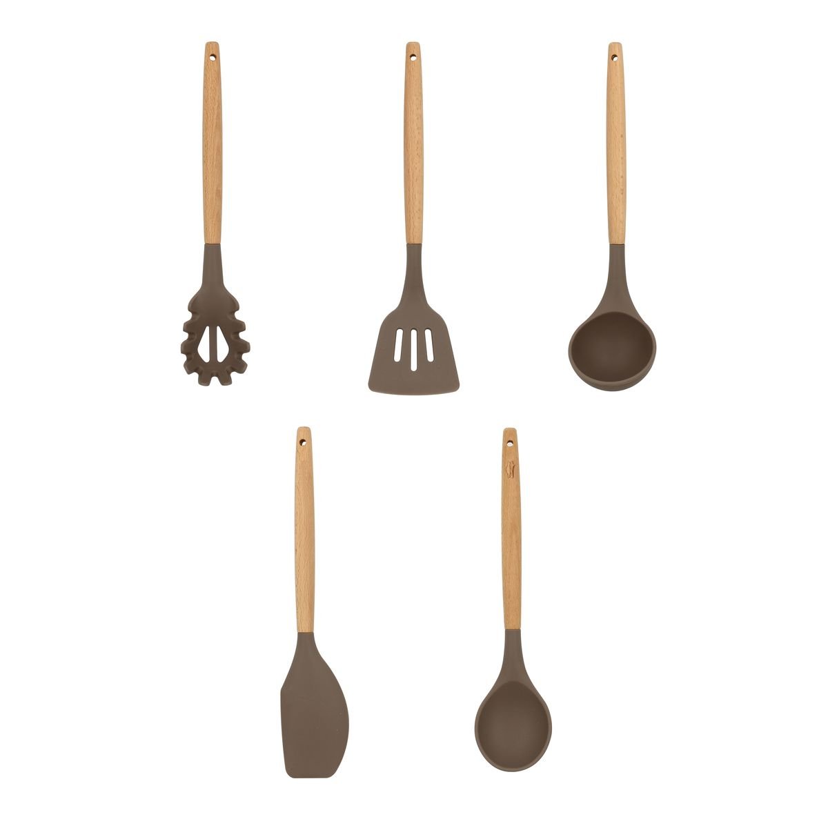 Set de 5 ustensiles en silicone et manche en bois, ELIOTT taupe, MENASTYL