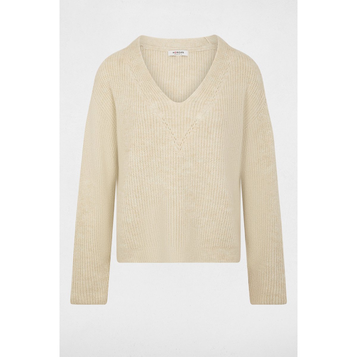 Pull col v manches longues beige, MORGAN