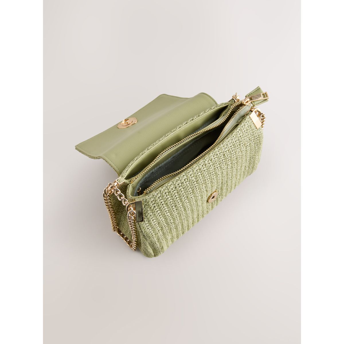 Sac porté épaule effet raphia finition métal vert, NEXT