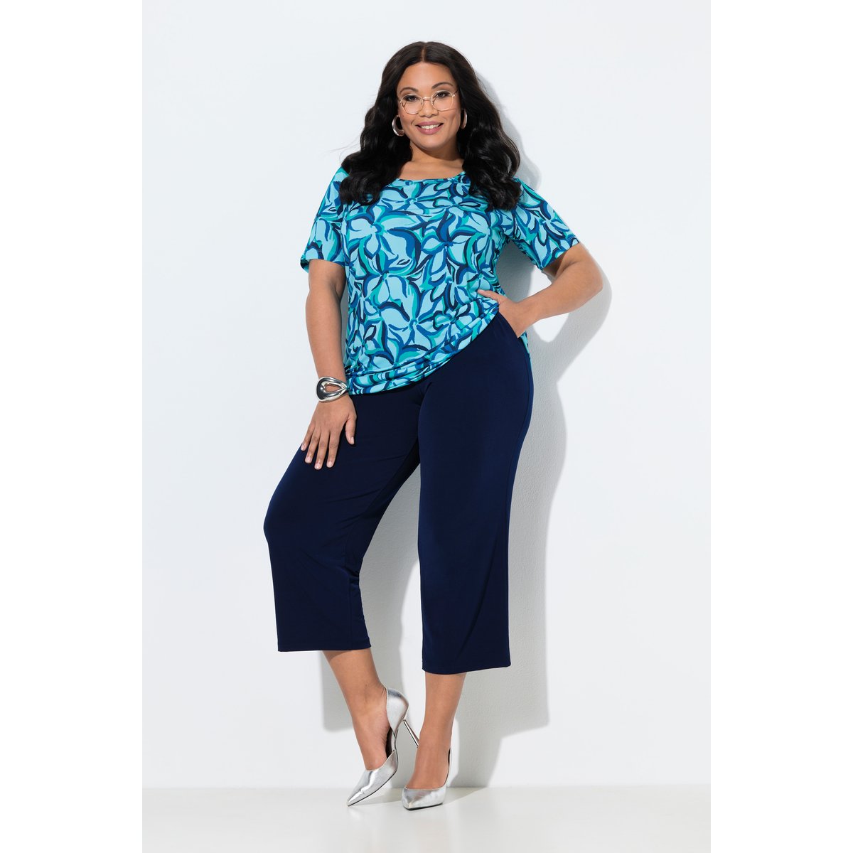 Pantalon 7/8 en jersey marine, ULLA POPKEN