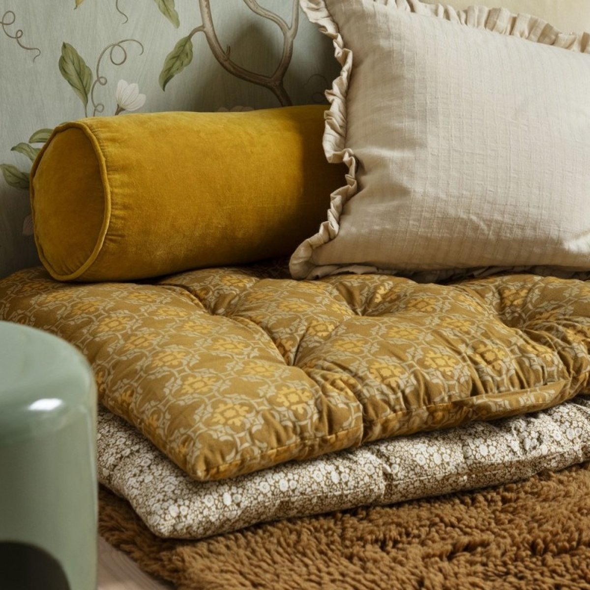 Matelas de sol coton imprimé vintage jaune moutarde, MADAM STOLTZ