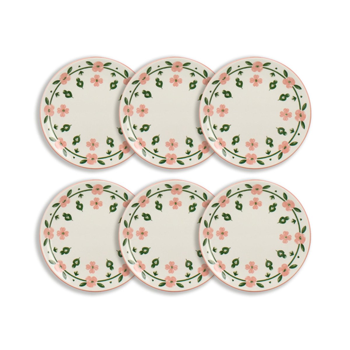 Lot de 6 assiettes à dessert 19cm en porcelaine, PRIMAVERA blanc-rose, NOVASTYL