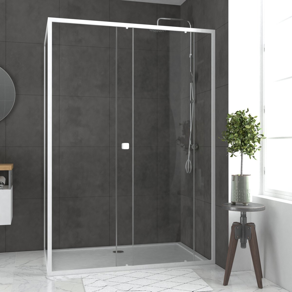 Porte de douche coulissante en verre trempé avec paroi de retour blanc, HOME MAISON