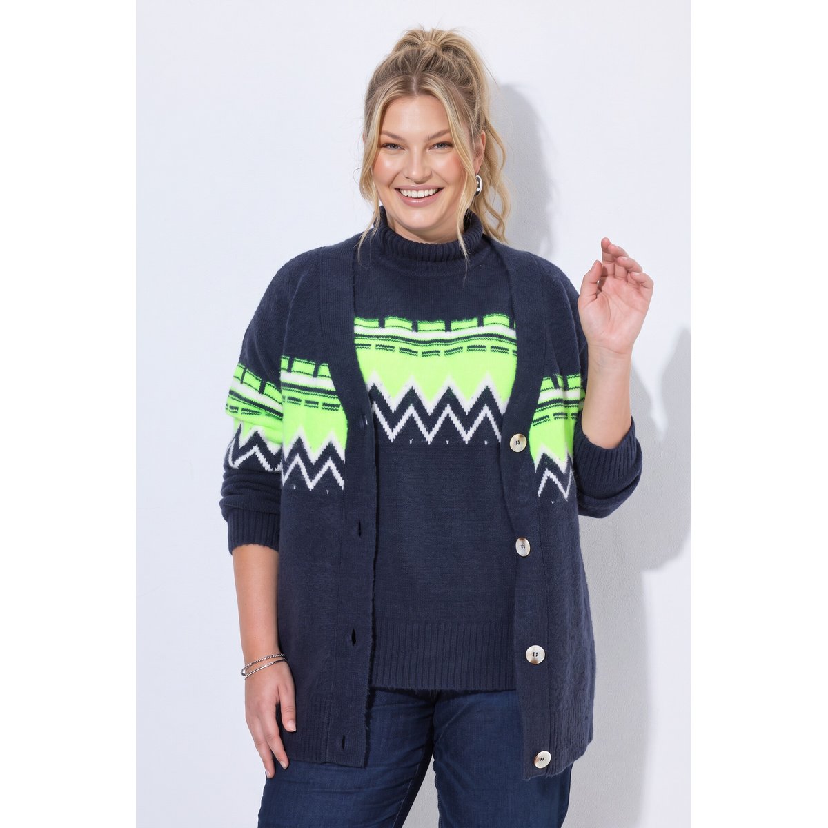 Cardigan motif norvégien vert fluo, ULLA POPKEN
