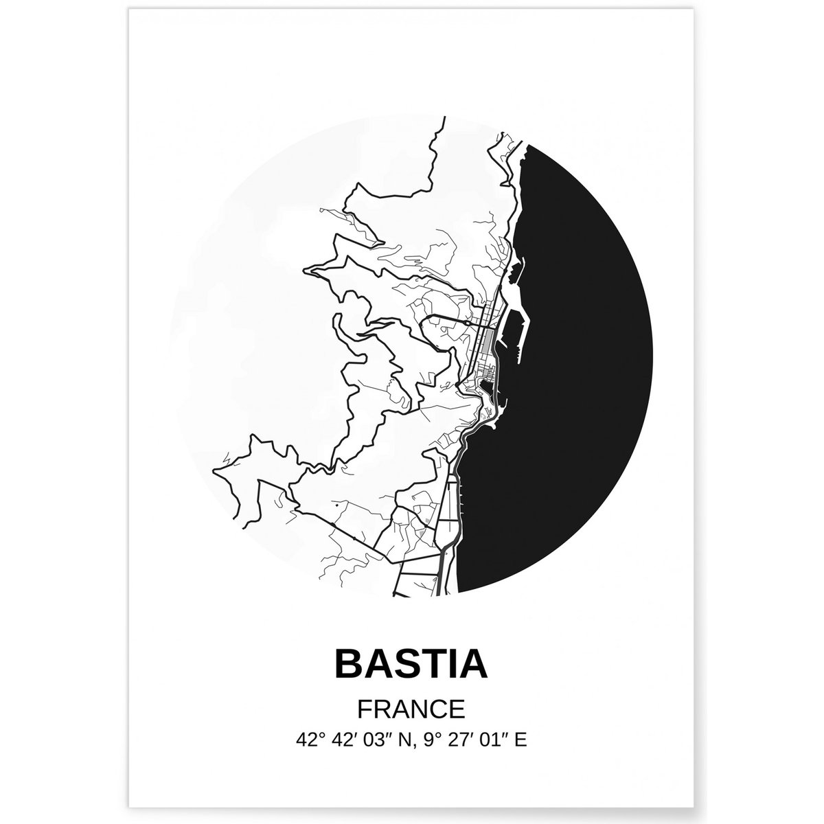 Affiche Carte Bastia blanc, L'AFFICHERIE