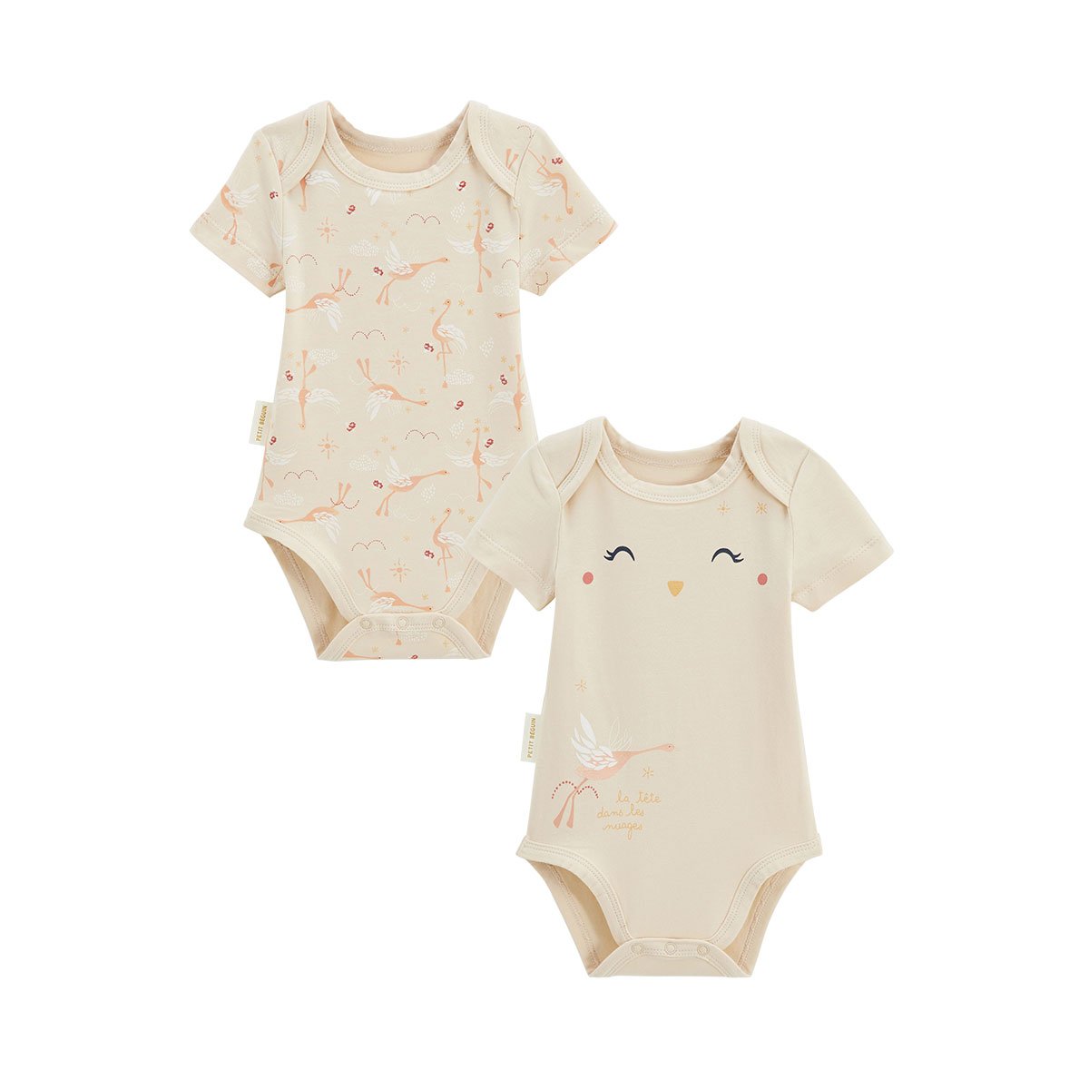 Lot de 2 bodies bébé manches courtes Poésie d'été vanille, PETIT BEGUIN