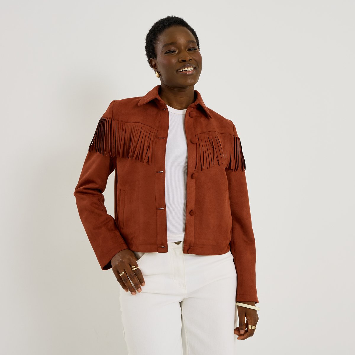 Veste courte en suédine à franges orange bordeaux, GRAIN DE MALICE
