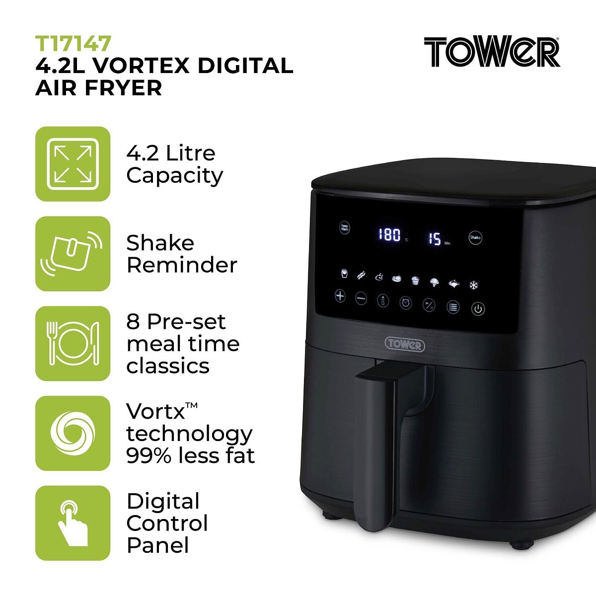 Vortx 4.2L Digital Air Fryer - T17147 black, TOWER