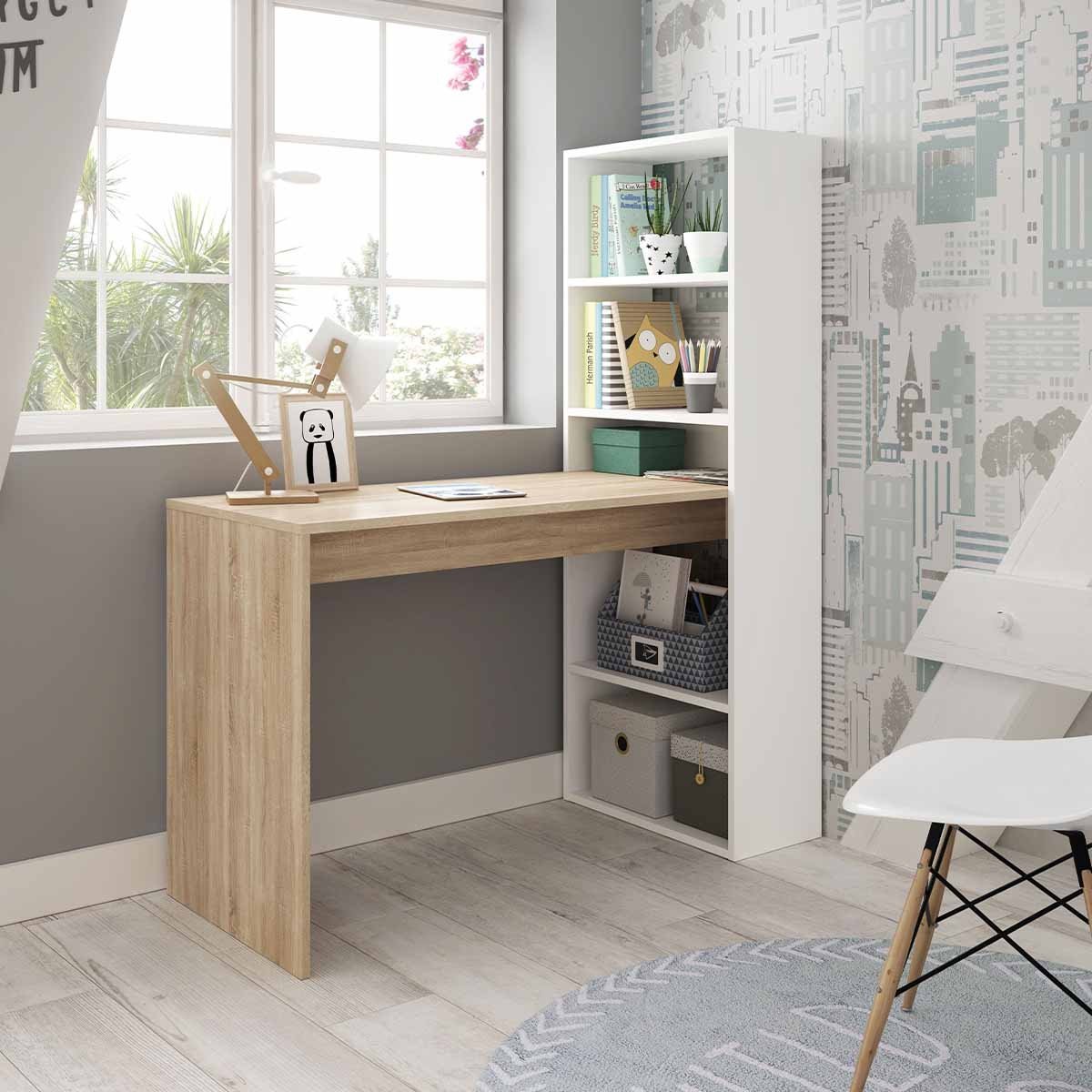 Bureau réversible avec étagère de rangement - L120 cm chêne clair / blanc, CALICOSY