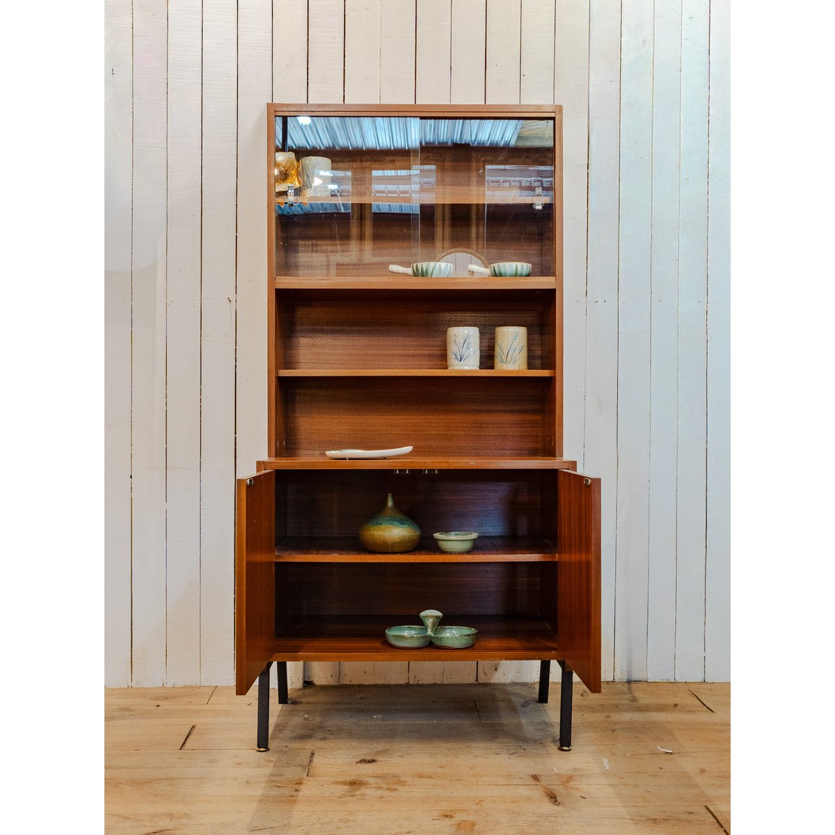 Bibliothèque en bois et métal noir Madeleine N°761 - Bon état bois foncé, DEBONGOUT
