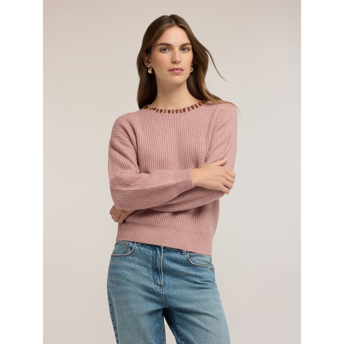 Pull côtelé avec pierres rose, MOTIVI
