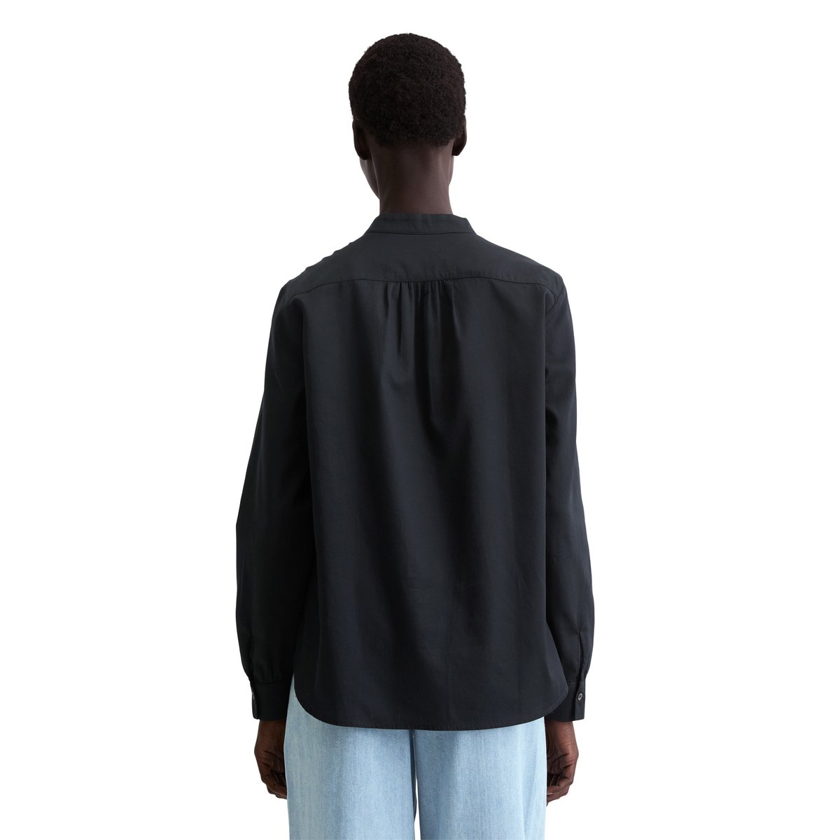 Blouse à col montant relaxed en satin de coton doux bleu fooncé, MARC O'POLO