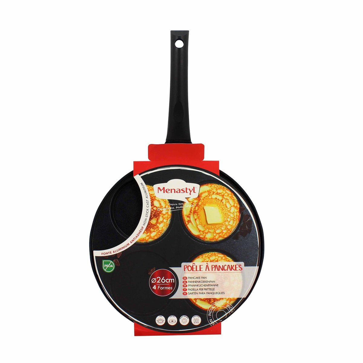 Poêle à pancakes 26cm avec 4 trous noir, MENASTYL