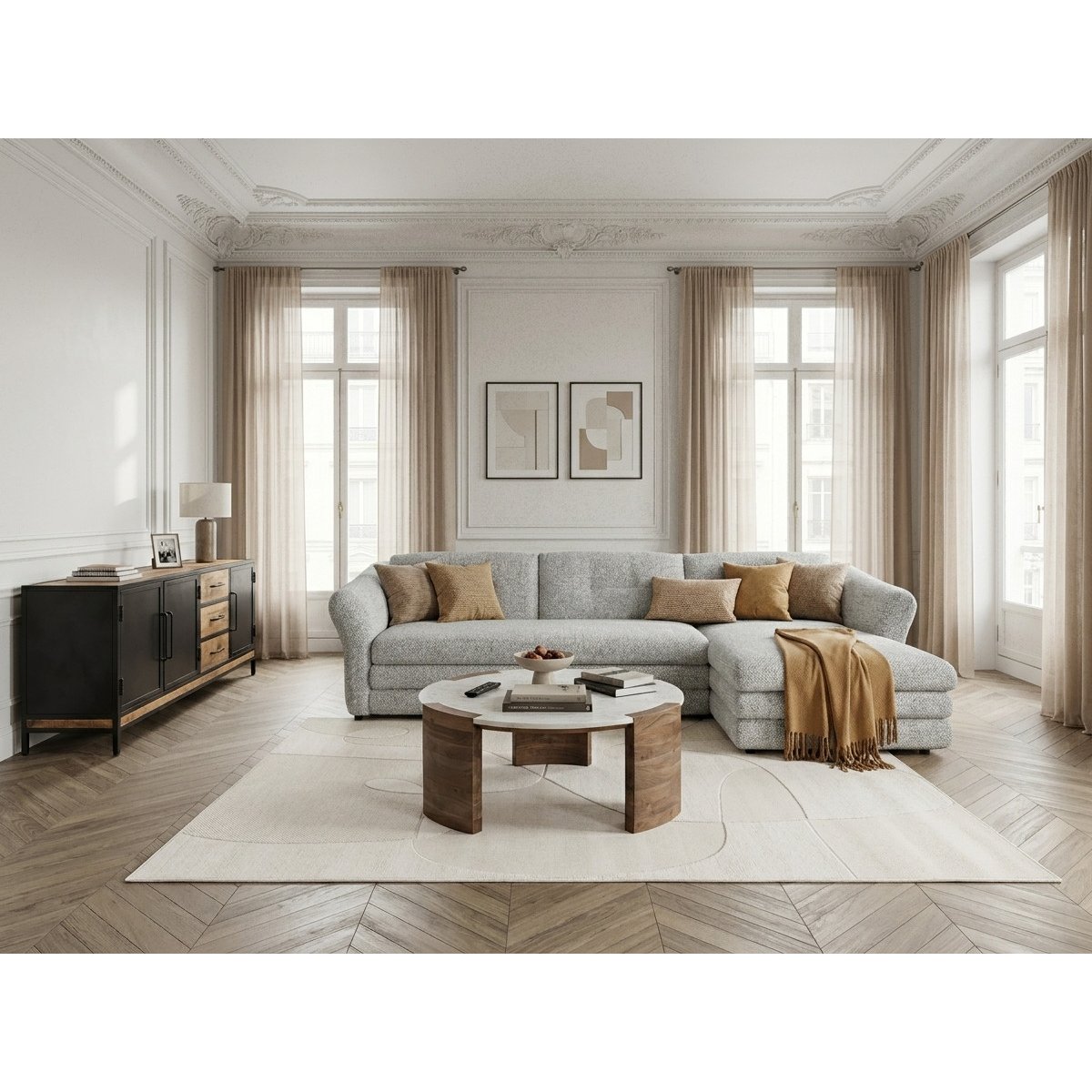 Canapé d'angle fixe 4 places en tissu chiné, MARBLE gris, BOBOCHIC