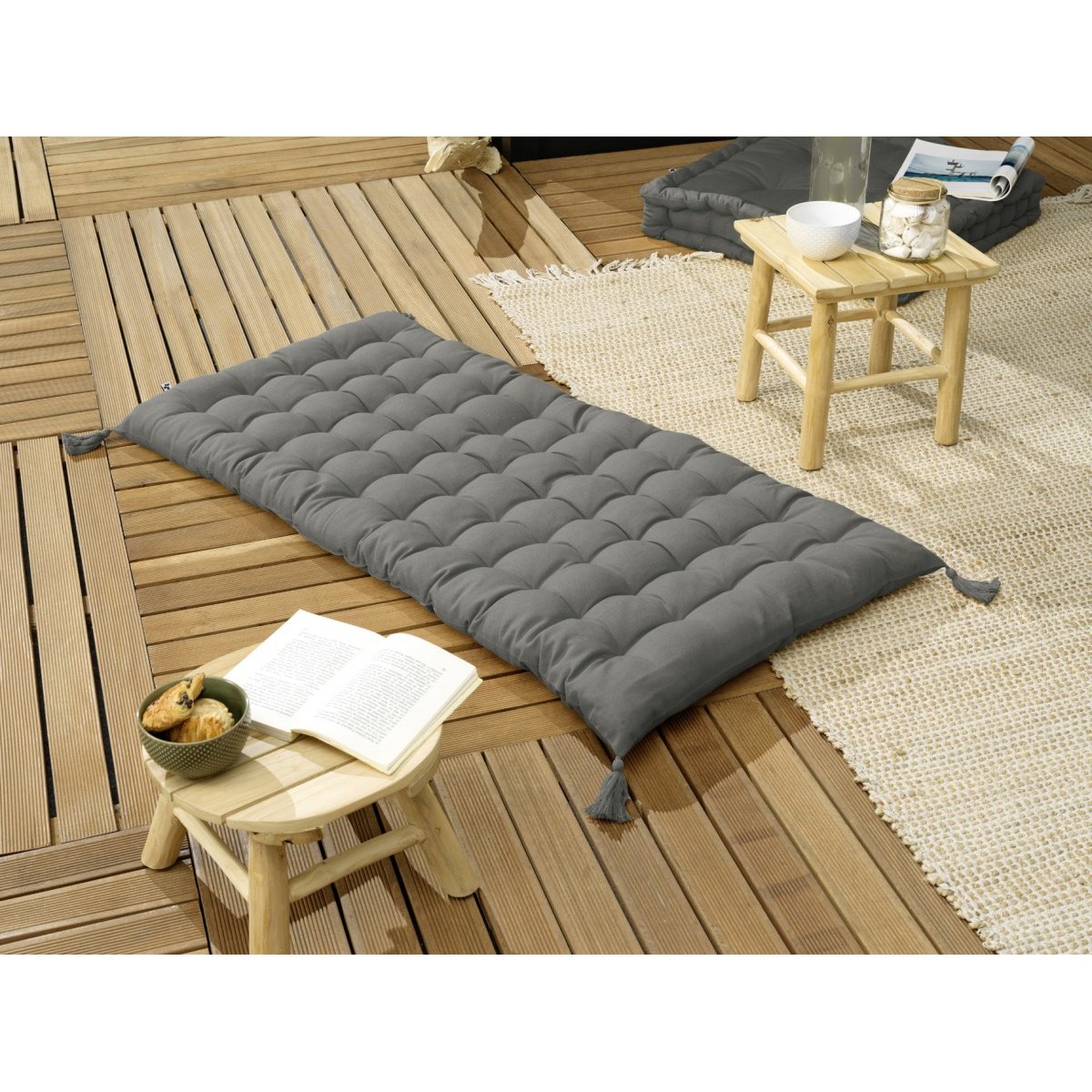 Coussin de Sol ou Matelas de sol avec pompons Collection Kalas ficelle, EDEN